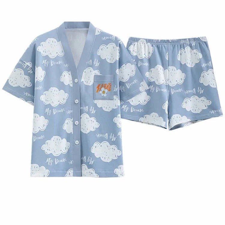 Cartoon Bear Cloud Letter Print Home Pajamas Set - Kawaii Side