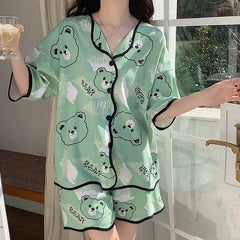 Cartoon Bear Cloud Letter Print Home Pajamas Set - Kawaii Side