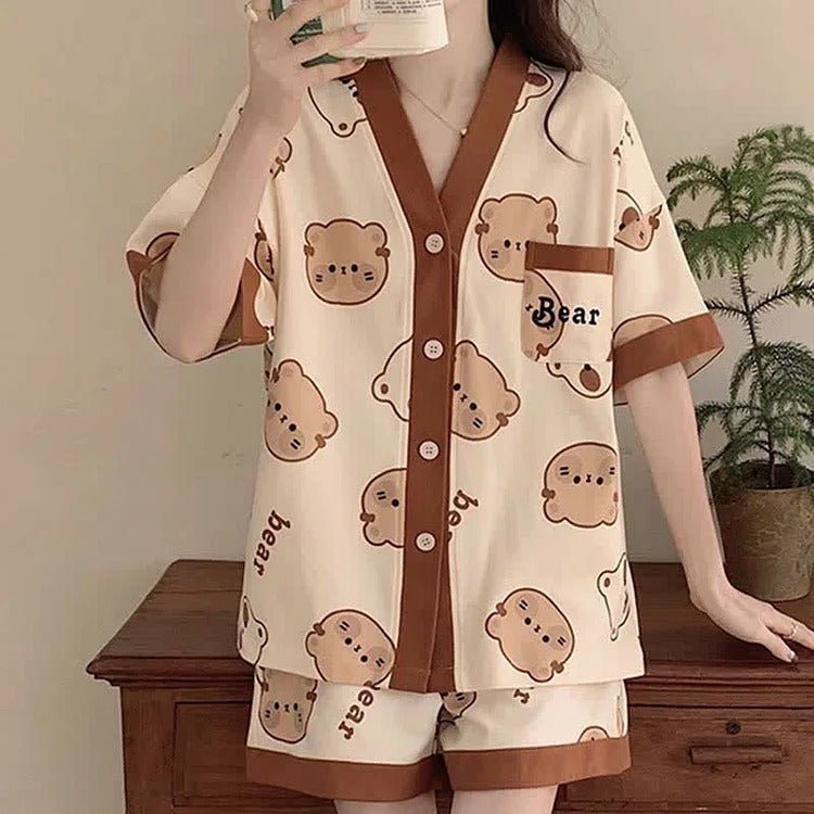 Cartoon Bear Cloud Letter Print Home Pajamas Set - Kawaii Side