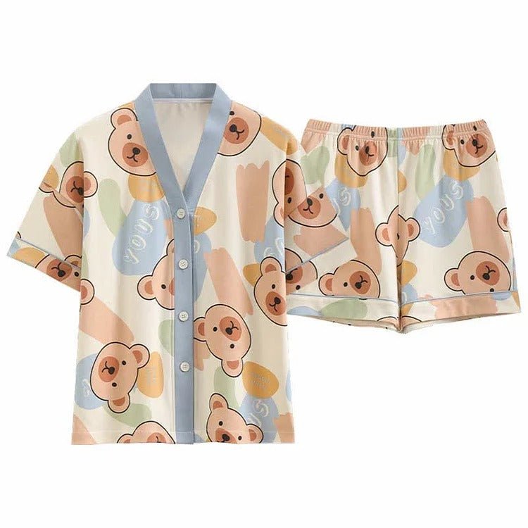 Cartoon Bear Cloud Letter Print Home Pajamas Set - Kawaii Side