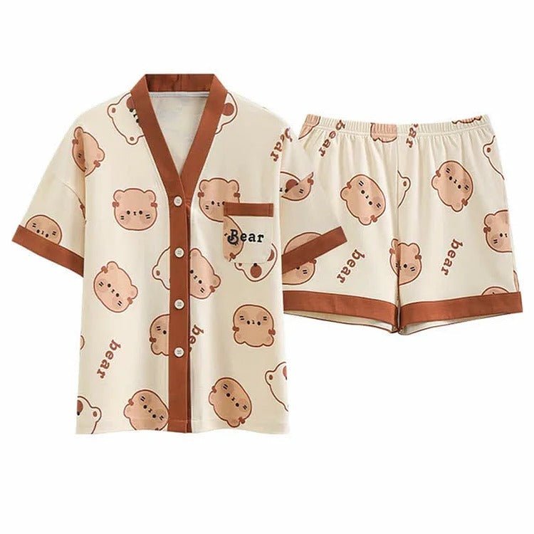 Cartoon Bear Cloud Letter Print Home Pajamas Set - Kawaii Side