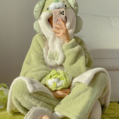 Cartoon Cabbage Puppy Hooded Jumpsuit Pajamas Set - Kawaii Side