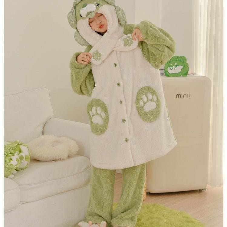 Cartoon Cabbage Puppy Hooded Jumpsuit Pajamas Set - Kawaii Side