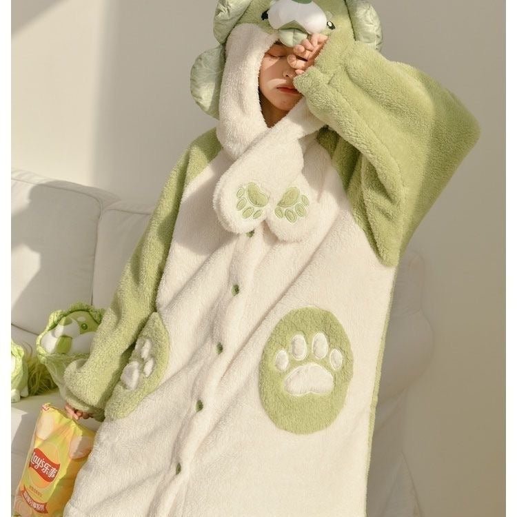 Cartoon Cabbage Puppy Hooded Jumpsuit Pajamas Set - Kawaii Side