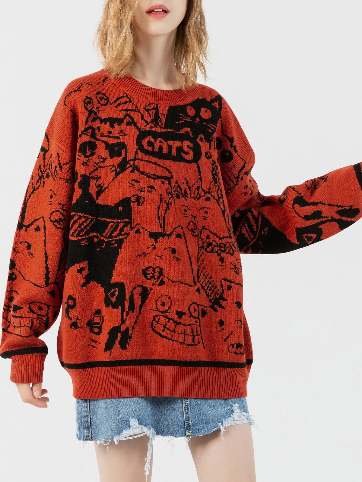 Cartoon Cat Knit Sweater - Kawaii Side