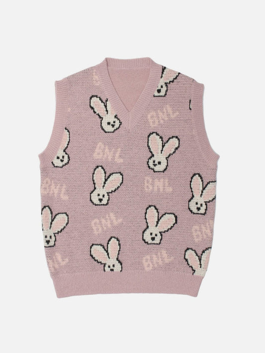 Cartoon Rabbit Head Print Knit Vest - Kawaii Side