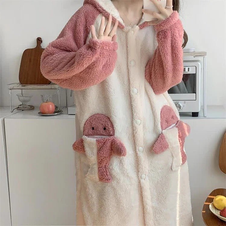 Cartoon Shark Plush Pockets Hooded Pajamas Two Piece Set - Kawaii Side