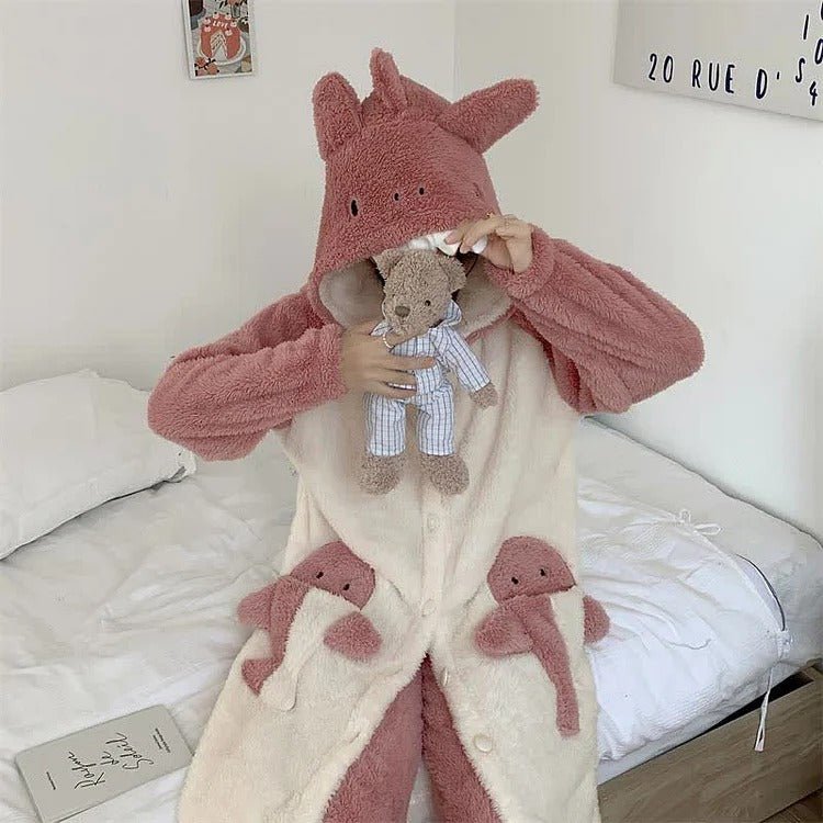 Cartoon Shark Plush Pockets Hooded Pajamas Two Piece Set - Kawaii Side