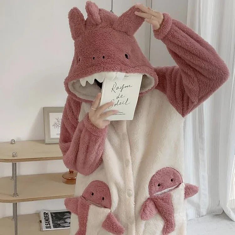 Cartoon Shark Plush Pockets Hooded Pajamas Two Piece Set - Kawaii Side