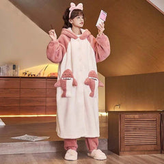 Cartoon Shark Plush Pockets Hooded Pajamas Two Piece Set - Kawaii Side