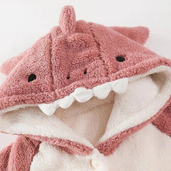 Cartoon Shark Plush Pockets Hooded Pajamas Two Piece Set - Kawaii Side