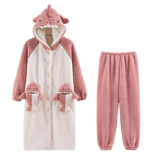 Cartoon Shark Plush Pockets Hooded Pajamas Two Piece Set - Kawaii Side