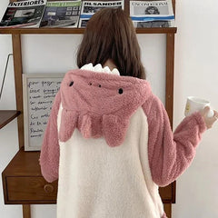 Cartoon Shark Plush Pockets Hooded Pajamas Two Piece Set - Kawaii Side