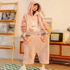 Cartoon Strawberry Bunny Letter Embroidery Pockets Plush Hooded Jumpsuit Pajamas - Kawaii Side