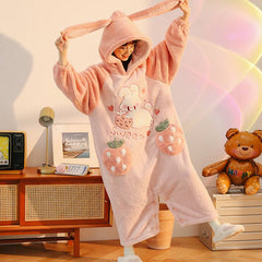 Cartoon Strawberry Bunny Letter Embroidery Pockets Plush Hooded Jumpsuit Pajamas - Kawaii Side