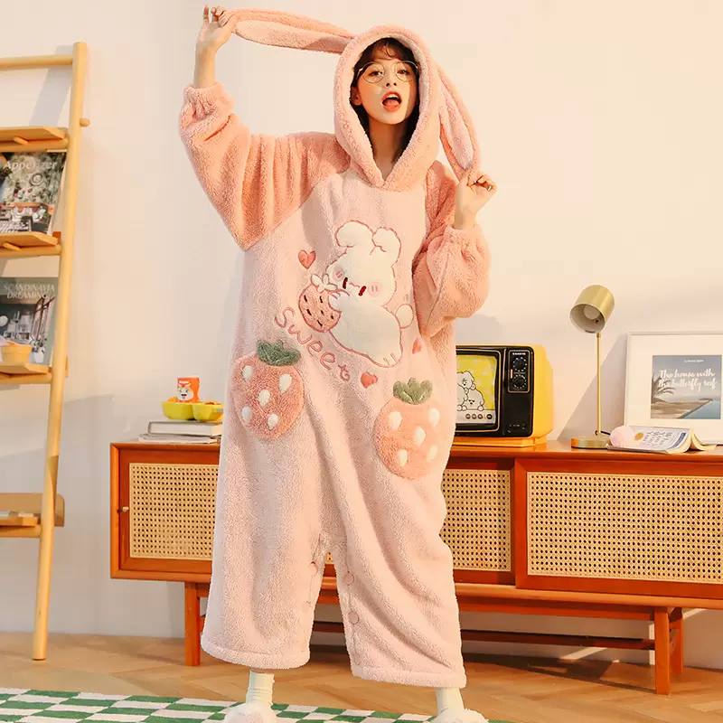 Cartoon Strawberry Bunny Letter Embroidery Pockets Plush Hooded Jumpsuit Pajamas - Kawaii Side