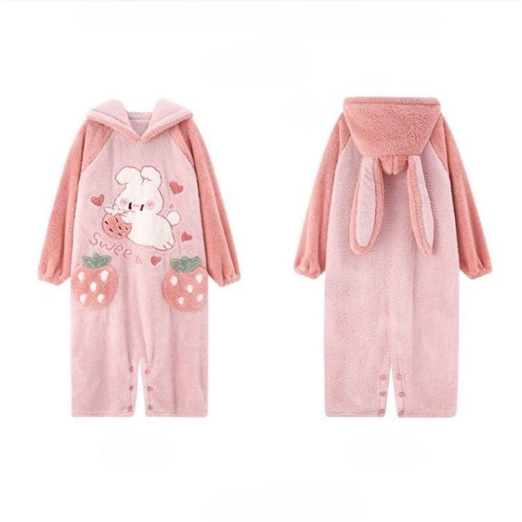 Cartoon Strawberry Bunny Letter Embroidery Pockets Plush Hooded Jumpsuit Pajamas - Kawaii Side