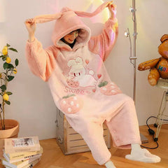 Cartoon Strawberry Bunny Letter Embroidery Pockets Plush Hooded Jumpsuit Pajamas - Kawaii Side