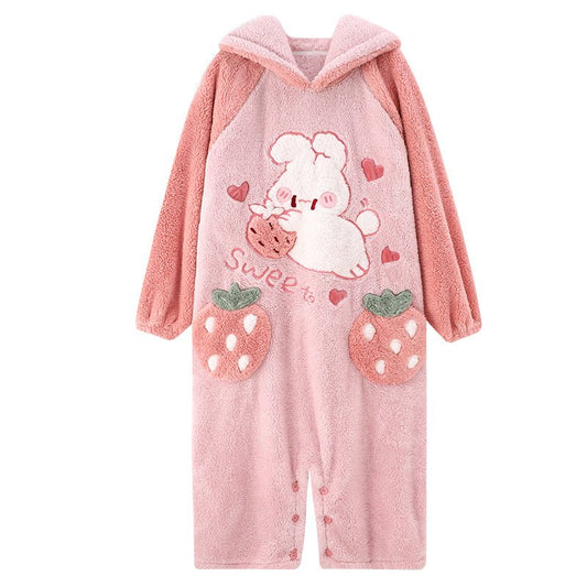 Cartoon Strawberry Bunny Letter Embroidery Pockets Plush Hooded Jumpsuit Pajamas - Kawaii Side