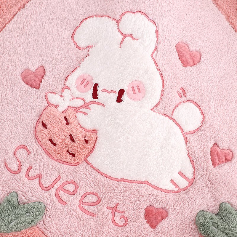 Cartoon Strawberry Bunny Letter Embroidery Pockets Plush Hooded Jumpsuit Pajamas - Kawaii Side