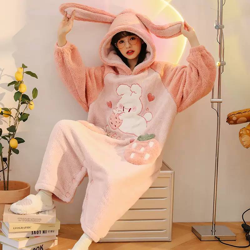 Cartoon Strawberry Bunny Letter Embroidery Pockets Plush Hooded Jumpsuit Pajamas - Kawaii Side