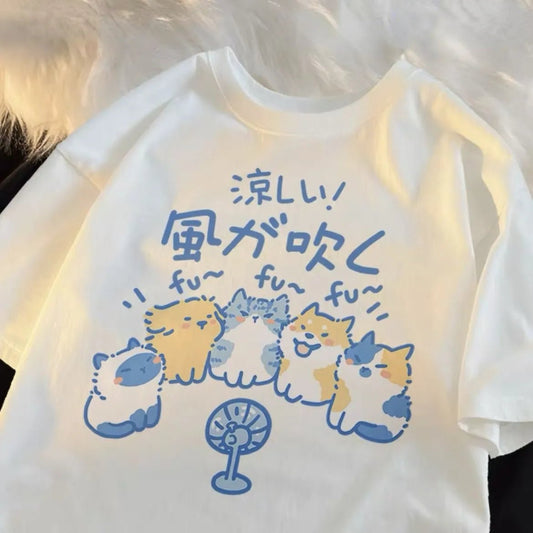 Casual T-Shirt Kittens on the Fan - Kawaii Side