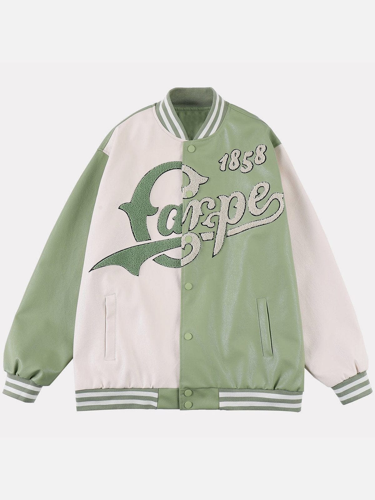 Color Block PU Varsity Jacket - Kawaii Side