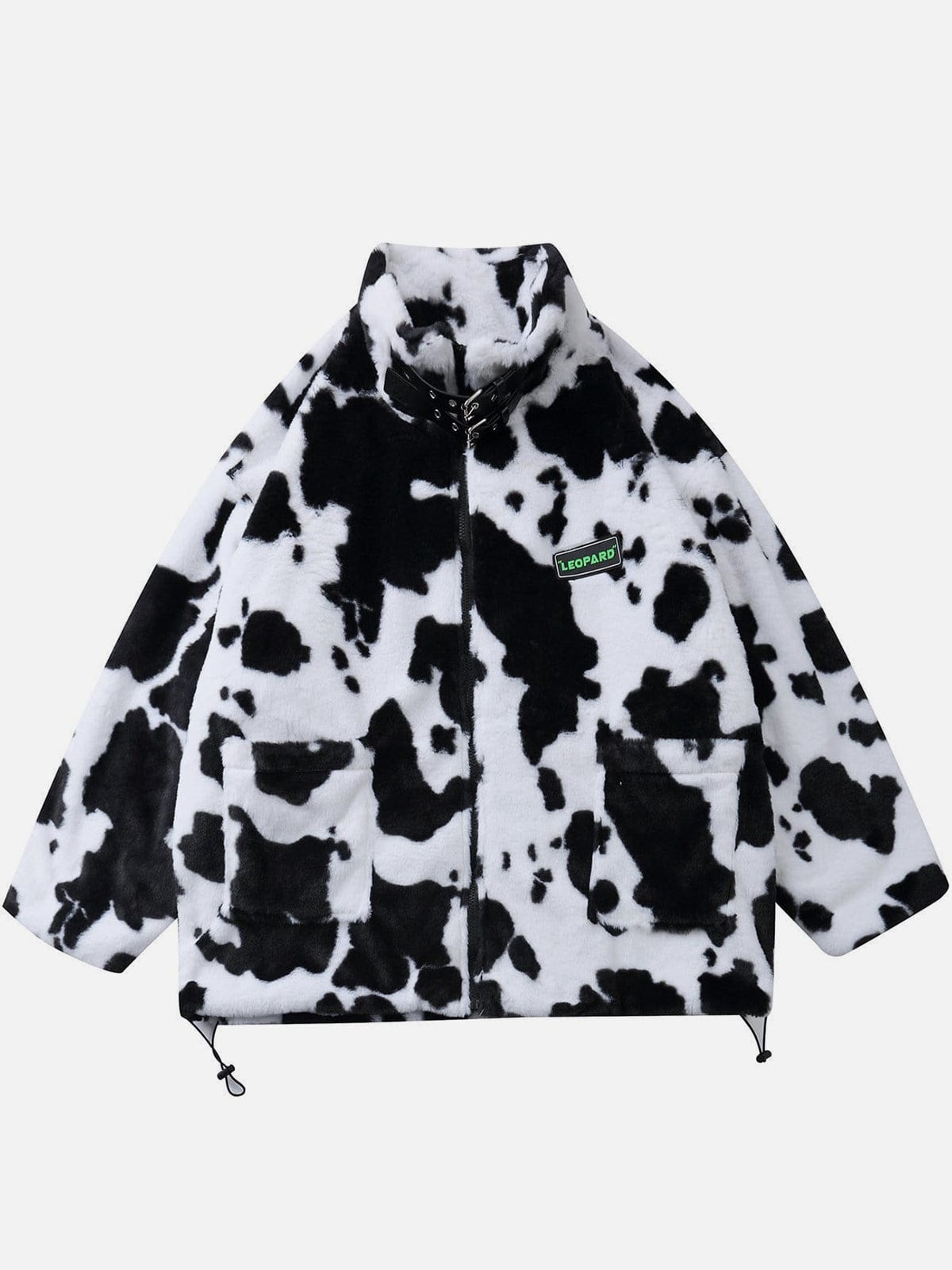 Cow Pattern Print Buckle Sherpa Winter Coat - Kawaii Side