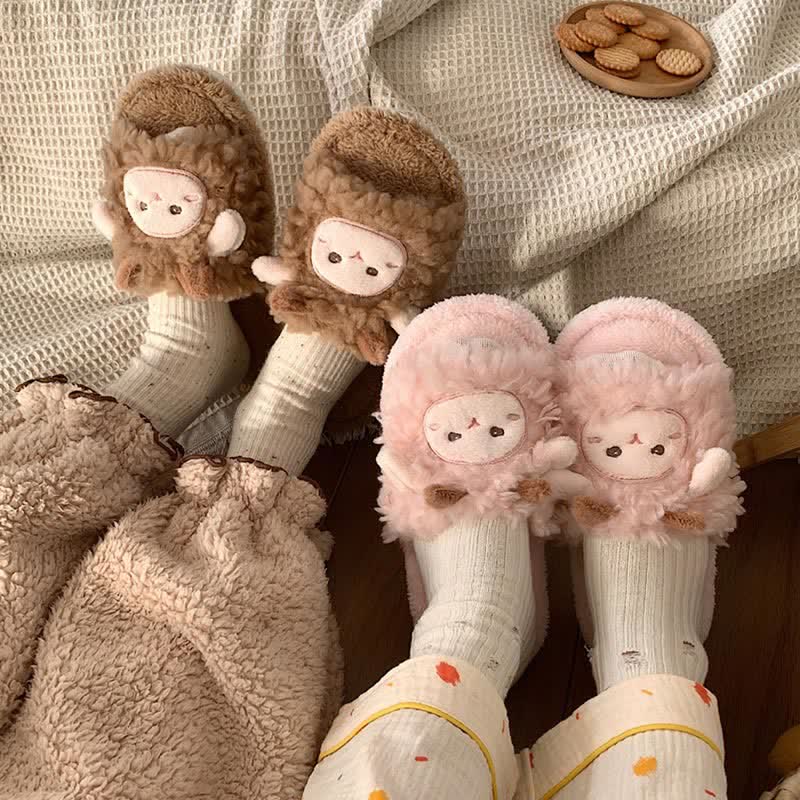 Cozy Cartoon Sheep Plush Slippers - Kawaii Side