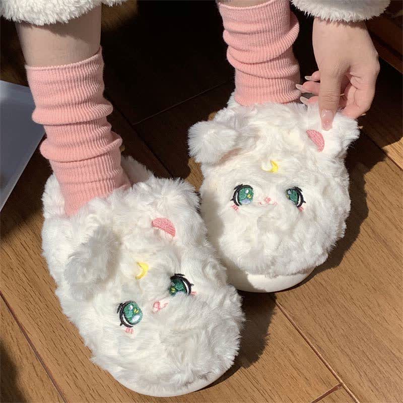 Cute Moon Kitty Plush Slippers - Kawaii Side