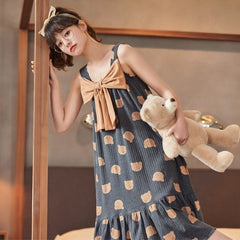 Kawaii Bowknot Cartoon Bear Print Nighdress - Kawaii Side