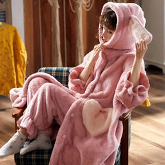 Kawaii Bunny Ears Heart Pockets Hooded Pajamas Set - Kawaii Side