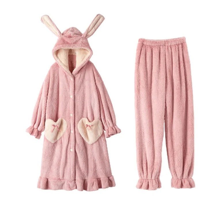 Kawaii Bunny Ears Heart Pockets Hooded Pajamas Set - Kawaii Side