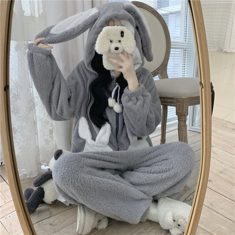 Kawaii Cartoon Bunny Hooded Plush Jumpsuit Pajamas Set - Kawaii Side