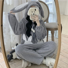 Kawaii Cartoon Bunny Hooded Plush Jumpsuit Pajamas Set - Kawaii Side