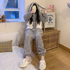 Kawaii Cartoon Bunny Hooded Plush Jumpsuit Pajamas Set - Kawaii Side