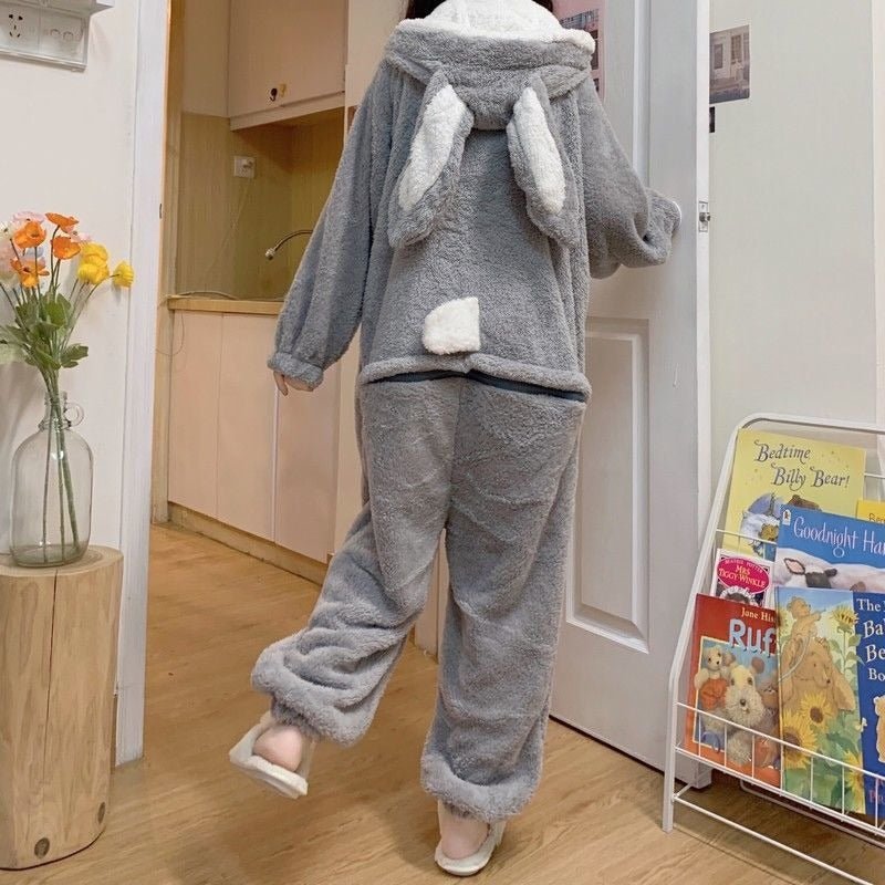 Kawaii Cartoon Bunny Hooded Plush Jumpsuit Pajamas Set - Kawaii Side