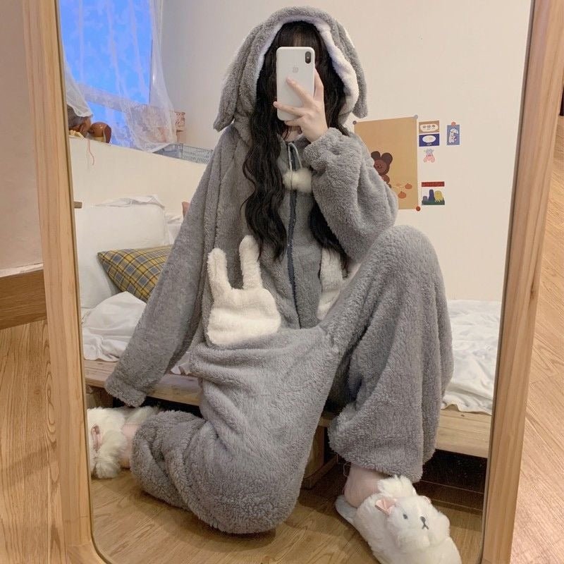 Kawaii Cartoon Bunny Hooded Plush Jumpsuit Pajamas Set - Kawaii Side