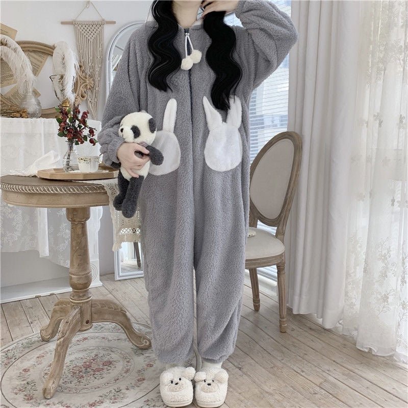 Kawaii Cartoon Bunny Hooded Plush Jumpsuit Pajamas Set - Kawaii Side