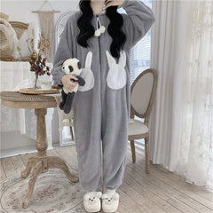 Kawaii Cartoon Bunny Hooded Plush Jumpsuit Pajamas Set - Kawaii Side