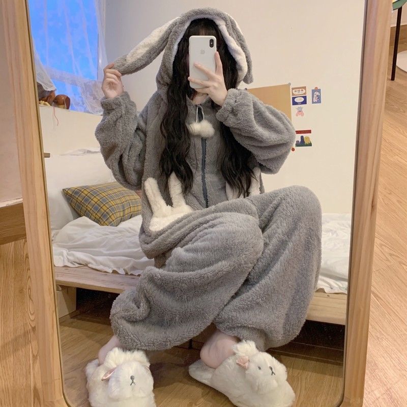 Kawaii Cartoon Bunny Hooded Plush Jumpsuit Pajamas Set - Kawaii Side