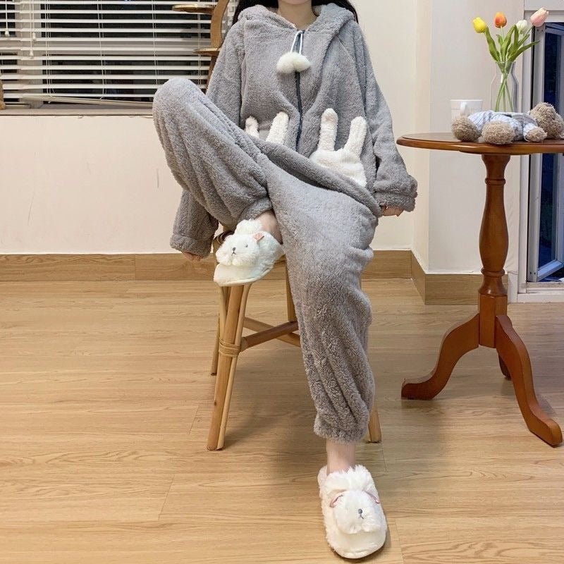 Kawaii Cartoon Bunny Hooded Plush Jumpsuit Pajamas Set - Kawaii Side