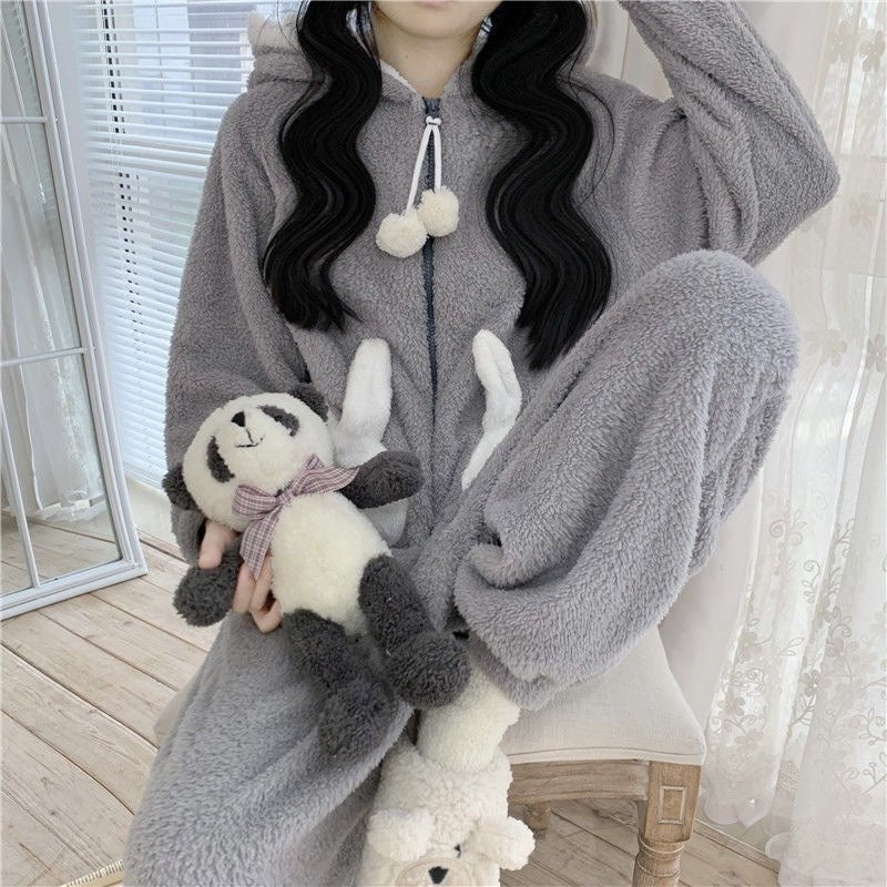 Kawaii Cartoon Bunny Hooded Plush Jumpsuit Pajamas Set - Kawaii Side