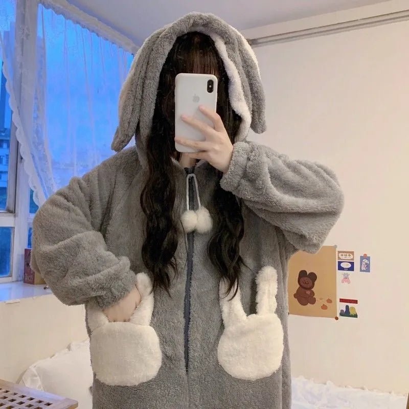 Kawaii Cartoon Bunny Hooded Plush Jumpsuit Pajamas Set - Kawaii Side