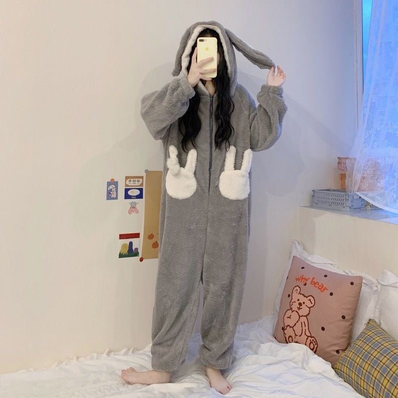 Kawaii Cartoon Bunny Hooded Plush Jumpsuit Pajamas Set - Kawaii Side