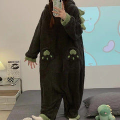 Kawaii Cartoon Dinasour Plush Hooded Jumpsuit Pajamas - Kawaii Side