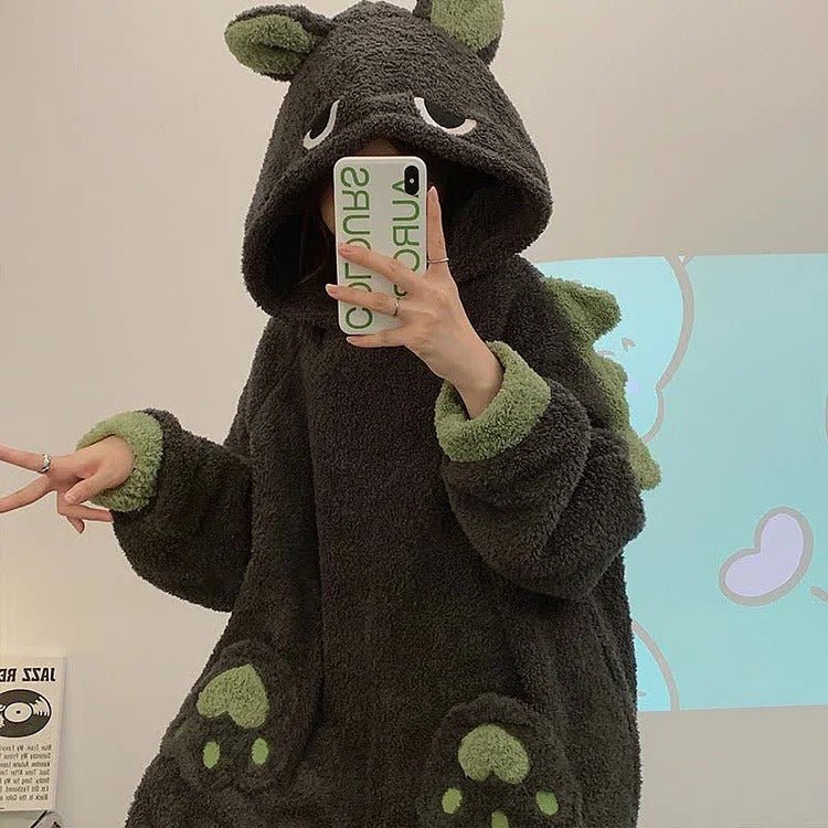 Kawaii Cartoon Dinasour Plush Hooded Jumpsuit Pajamas - Kawaii Side