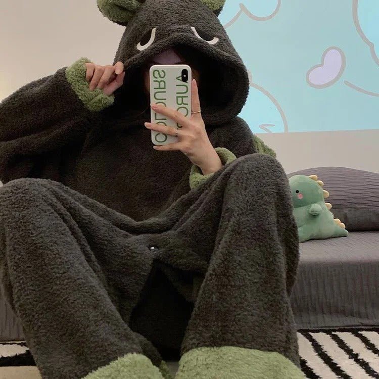 Kawaii Cartoon Dinasour Plush Hooded Jumpsuit Pajamas - Kawaii Side