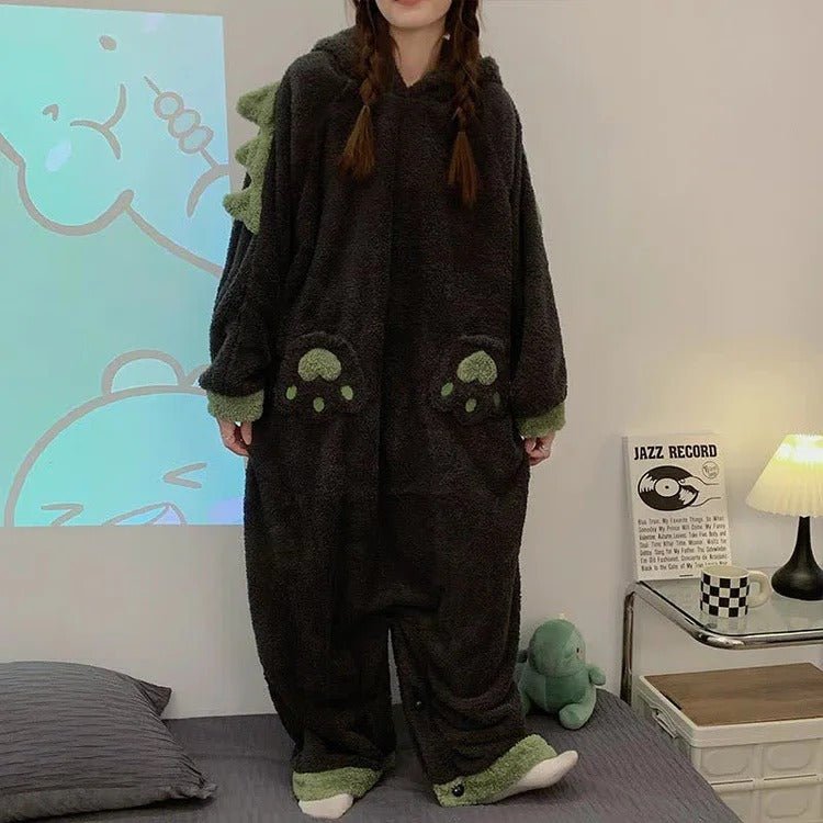 Kawaii Cartoon Dinasour Plush Hooded Jumpsuit Pajamas - Kawaii Side