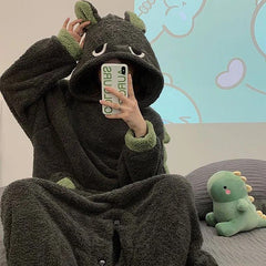 Kawaii Cartoon Dinasour Plush Hooded Jumpsuit Pajamas - Kawaii Side